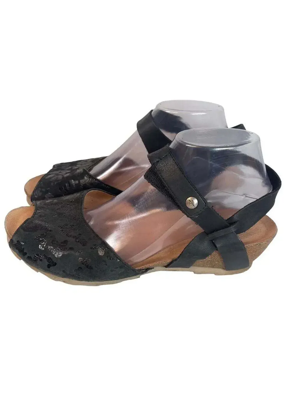 Wanda Panda Tina Black Leather Comfort Wedge Sandals Hook Loop Womens 9